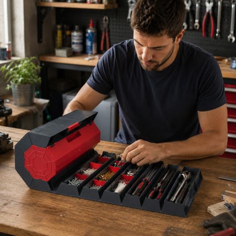 Caisse à Outils Escargot Enroulable – Organiseur d'Outils avec 11 Compartiments, 25 Séparateurs et Grand Compartiment (1/4)