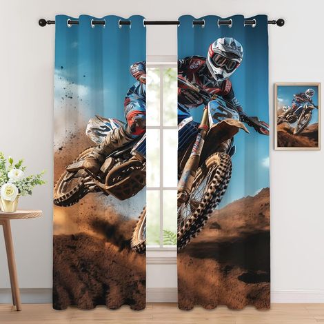 Rideau Occultant Dirt Bike - Décoration Dirt Bike, Rideau Thermique Motif Moto Sport Extrême Voiture de Course, Lot de 2 Rideaux Opaque à Oeillets pour Fenetre Chambre Salon, 140x160 cm (LxH) - 2x L 1 (1/5)