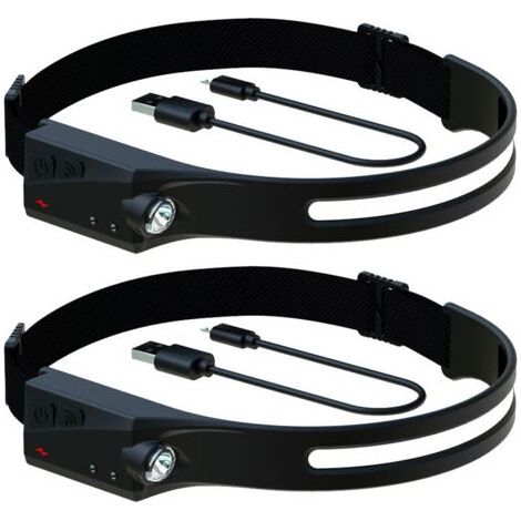 Stilvolle, wiederaufladbare Stirnlampe, 230°-Abstrahlwinkel, Hochleistungs-Stirnlampe für Erwachsene, Schwarz, 2 Stück (1/4)