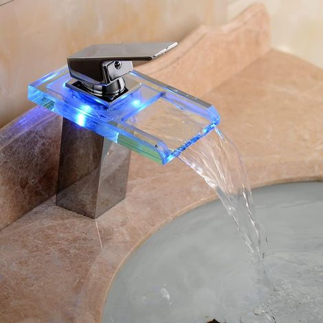 LED Wasserfall Wasserhahn Beleuchteter Glas LED Wasserfall Wasserhahn Bad Armatur Mischbatterie mit 3 Farbewechsel Beleuchtung Hahn Einhandmischer Waschbecken Armaturen