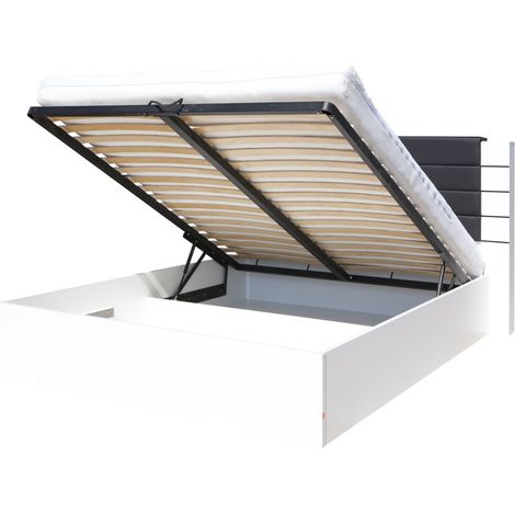 Cama king size 180 cm blanca y negra brillante con baúl y acabado en piel sintética