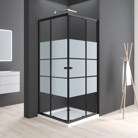WDWRITTI Duschkabine Schwarz 80x100cm Eckeinstieg Dusche Duschabtrennung Duschwand mit Doppel Schiebetür, 6mm ESG Glas mit weißen Querstreifen-Dekor, Höhe: 185cm