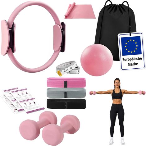 Relaxdays Pilates Set, 11-teilig, Ring, Ball, 4 Widerstandsbänder, 2 Hanteln, Tasche, Pilateszubehör für zuhause, pink (1/5)