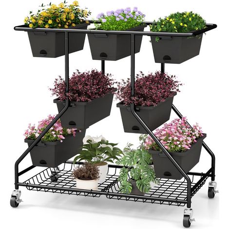 Fioriera verticale rialzata 100 x 56 x 99 cm con 7 vassoi per piante e 4 ruote bloccabili in PP nero 200012223