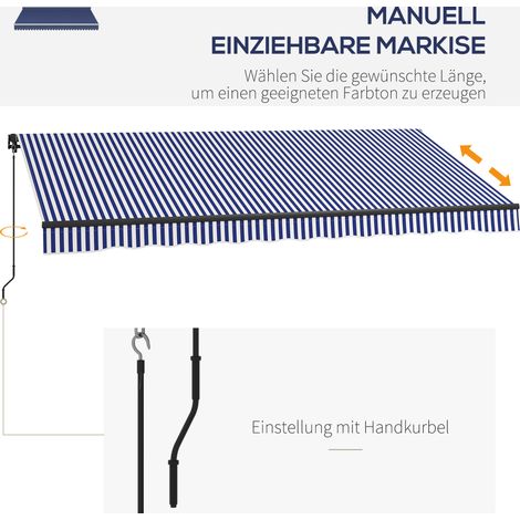 Store terrasse avec manivelle, toile imperméable et résistante aux UV, dimensions 400x300 cm, coloris bleu et blanc