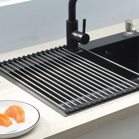 Escurridor de platos plegable y extraíble para colocar sobre el fregadero - Alfombrilla de drenaje para tazas, frutas, verduras, organizador de cocina súper práctico (negro 45 x 30). (1/5)