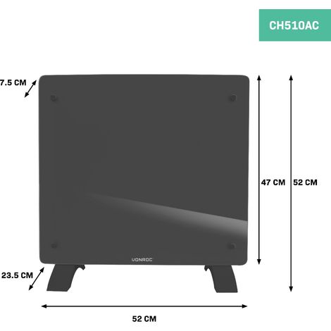 VONROC Calefactor eléctrico de lujo - Panel de vidrio de convección - 1000W - 12m2 - Control manual y Wifi - Termostato ajustable y temporizador - Gris