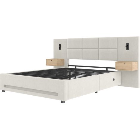 Letto contenitore 160x200 cm in velluto beige con cassetti, LED, USB-C e telaio in metallo (1/5)