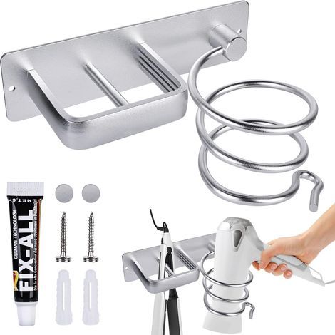 Support pour sèche-cheveux, support mural en aluminium, fixation murale sans perçage, idéal pour les hôtels, salles de bain, salons et salons de coiffure. Couleur : argent. (1/5)