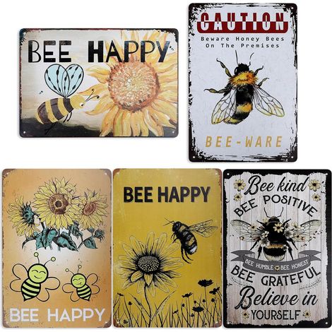 Lot de 5 plaques vintage - Panneau d'avertissement abeille 20 x 30 cm - Décoration maison de campagne - Accessoire de décoration (1/5)