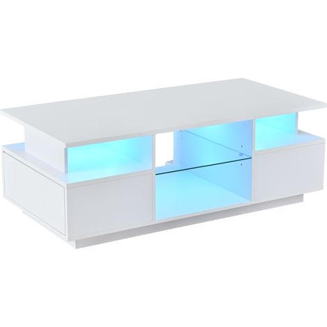 LED-Couchtisch 100x50x36 cm Hochglanz-Weiß mit 2 Schubladen und Glasböden (1/5)