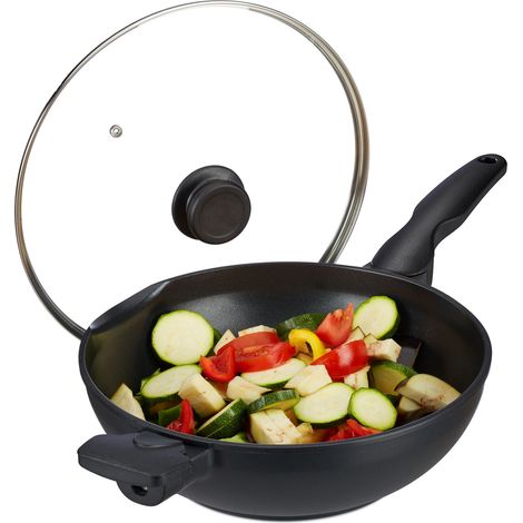 Relaxdays Wok with Glass Lid, 30 cm, with Handles, Non-Stick Coating, for Induction, Gas, Electric Cooker, 4 L, Black