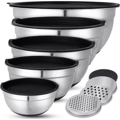 KUOGAS Lot de 5 Saladiers Avec Couvercle Empilable cul de Poule Inox 3 Râpes vaste Saladier Inox (1/5)