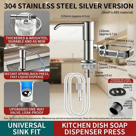 (Polished Silver Pro) Distributeur de savon de luxe pour évier de cuisine en acier inoxydable 304 avec pompe à pression, kit de tube d'extension pour détergent, accessoire robuste (1/5)