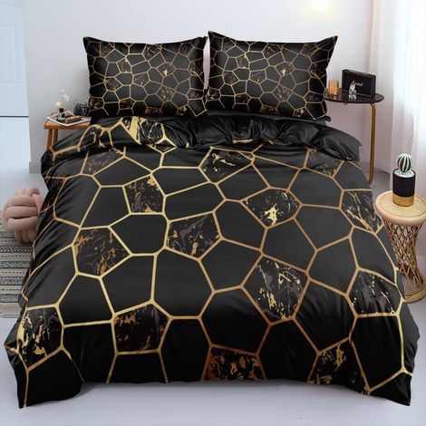 Bettwäsche-Set 135x200cm Schwarz Gold Waben 3D Mikrofaser mit Reißverschluss