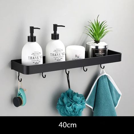 Étagère de salle de bain (40 cm avec 5 crochets) - Étagère d'angle murale en aluminium noir pour salle de bain et douche - Support de rangement pour cuisine (1/5)