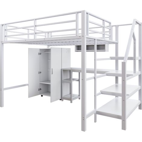 Letto a soppalco 140 x 200 cm con armadio, scaffali, scala contenitore e scrivania, bianco (1/5)