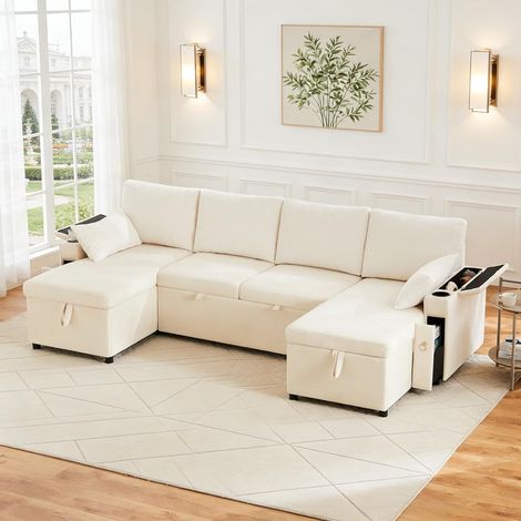 Canapé modulable 4 places avec porte-gobelet,canapé d'angle en U avec espace de rangement,canapé lit convertible lit avec fonction couchage(Beige) (1/5)