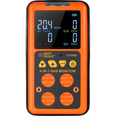 Detector de gas 4 en 1 CO H2S O2 LEL Portátil Impermeable IP65 Alarma por vibración Pantalla LCD Batería de 2500 mAh (1/5)