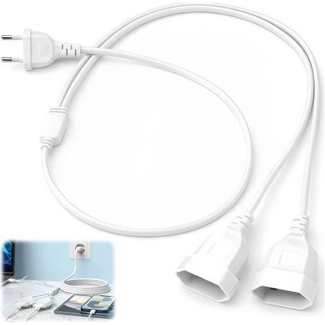 Euro Power Extension Cord 0.75mm² Max. 250V/2.5A 2 in 1 Extension Cable Euro Extension Cable for Indoor Use TV, Monitor, PC (0.5m, White) (1/5)