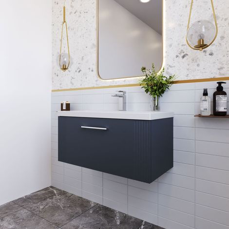 Nuie Deco Satin Soft Black 800mm Wall Hung Single Drawer Vanity Unit and Curved Ceramic Basin - DPF1496G (1/5)