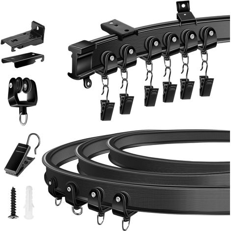 Tringle à rideaux pliable pour baie vitrée, rail à rideau flexible à fixation murale au plafond, rails de rideaux et raccords, noir (1/5)