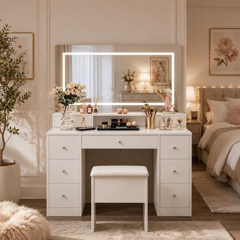 Coiffeuse 110×40×150cm, grand miroir LED 3 couleurs, table de maquillage,9 tiroirs de rangement, coiffeuse table,étagères ouvertes, style moderne, panneaux de particules, pour chambre, Bois, Beige (1/5)