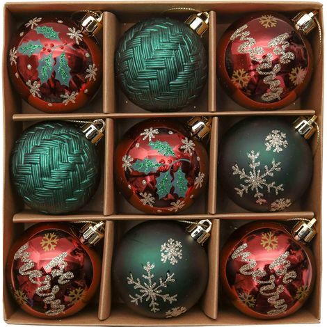 9pcs 6cm Boules de Noël,Rouge Vert Or,Boules Noel personnalisée pour Sapin de Noël,Thème Rétro Vintage,Décoration pour l'arbre de Noël,Cadeaux Noel (1/5)
