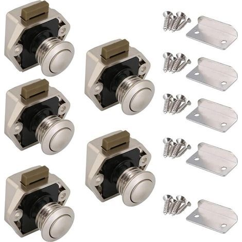 Loquet sans Clé, 5pcs Bouton Poussoir Loquet,Bouton Poussoir tiroir Porte pour Caravane Camping Cabinet Armoire Yachts Voitures Ambulances Meubles Portes Serrure Presse(Nickel Perlé) (1/5)