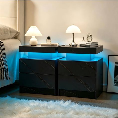 MEUBLIV Lot de 2 tables de chevet LED 50 x 36 x 53 cm noir et or – 2 tiroirs (1/5)