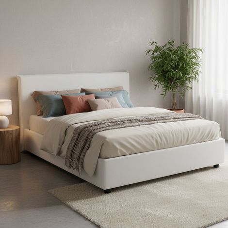Dmora - Cama matrimonial Dambros, Cama contenedor con revestimiento de tela, 100% Made in Italy, Apertura frontal, adecuado para colchón Cm 160x190, Blanco (1/5)