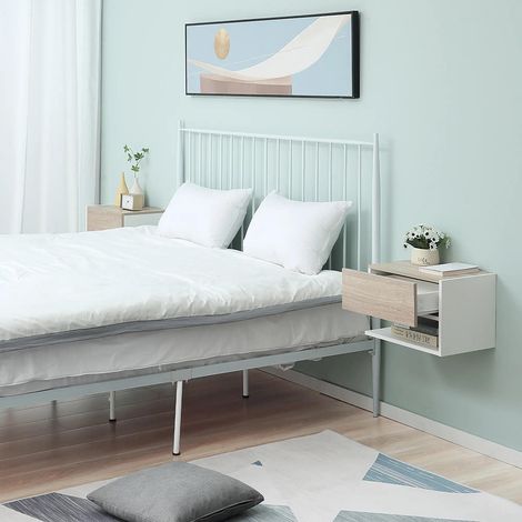 Table de chevet suspendue, set de 2, tiroir coulissant, bois bicolore, chêne clair avec finition blanche. (1/4)