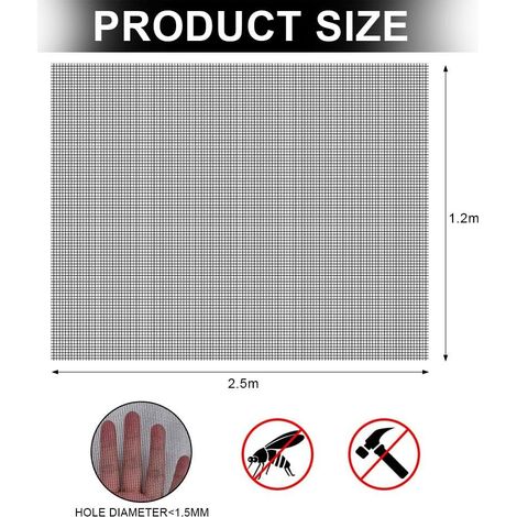 Toile de moustiquaire en fibre de verre 1,2 x 2,5 m pour fenêtre et porte (1/5)