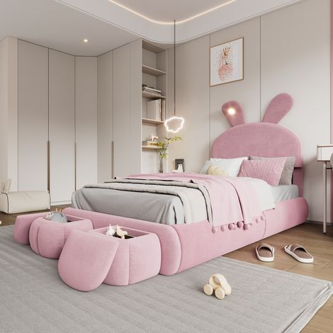 Cama tapizada 90x200 cm rosa de terciopelo con orejas y luz LED (1/5)
