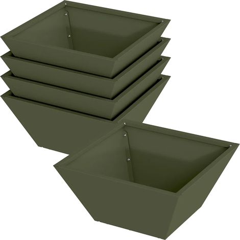 Lot de 5 cache-pots de jardin trapézoïdale moderne 35 x 35 x 15 cm en acier vert olive (1/4)