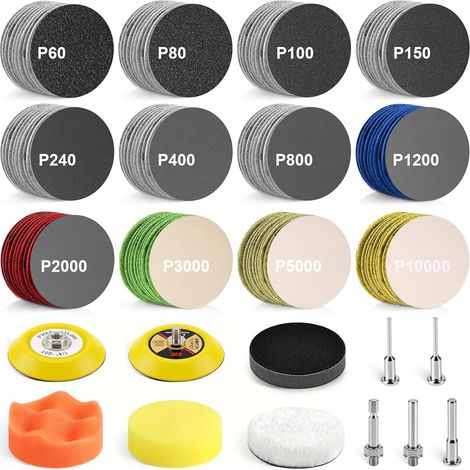 131 Disques De Ponçage 3 Pouces, Kit Restauration Phares , Papiers Abrasifs Accroche-Boucle 60-10000 Grains Humide/Sec Avec 1/8" 1/4", Pad, Polissage Et Interface (1/5)