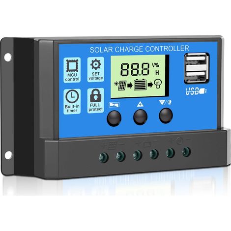 Régulateur de charge solaire 30 A 12 V/24 V PWM Chargeur solaire Contrôleur de panneau solaire intelligent avec double port USB 5 V Lumière Minuteur Contrôle LCD pour l'industrie, la maison (1/5)