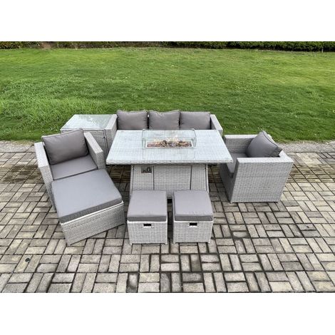 Fimous Outdoor Garden Dining Sets Rattan Furniture Gas Fire Pit Dining Table With 2 Armchairs Side Table 3 Footstools Light Grey
