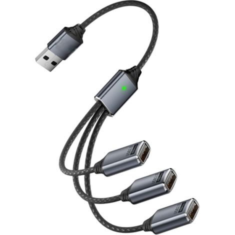 Câble répartiteur USB 3-en-1 - Alliage d'aluminium, câble tressé, adaptateur USB OTG pour téléphone, tablette, ordinateur, charge et transfert, gris