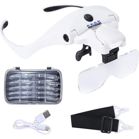 Loupe avec 4 lumières LED, Bandeau et 5 lentilles détachables 1X, 1,5X, 2X, 2,5X 3,5X - Rechargeable Mains Libres - pour Loisirs créatifs, Point de Croix, Travail de près (1/5)