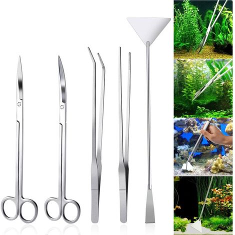 Kit de paisajismo para acuario 5 en 1 de acero inoxidable, herramientas para plantas acuáticas, pinzas, tijeras y espátula. (1/5)