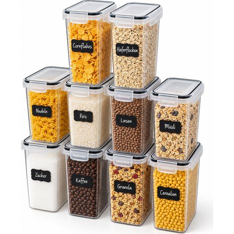 Relaxdays Vorratsdosen, 10er Set, 2 l, luftdichter Deckel, Klickverschluss, Etiketten, Frischhaltedosen, transparent (1/5)