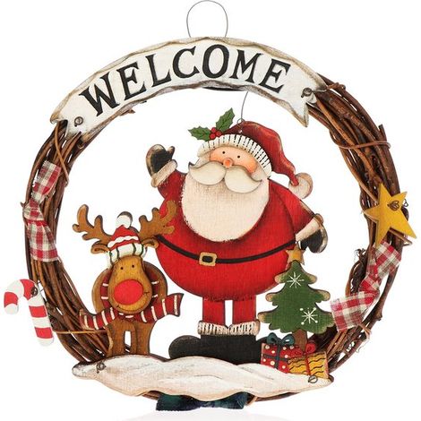 Geflochtener Weihnachtskranz – Türkranz „WILLKOMMEN“ für Weihnachten – Hängende Weihnachtsdekoration – Holzkranz ca. Ø 25 cm (Weihnachtsmann-M) (1/5)