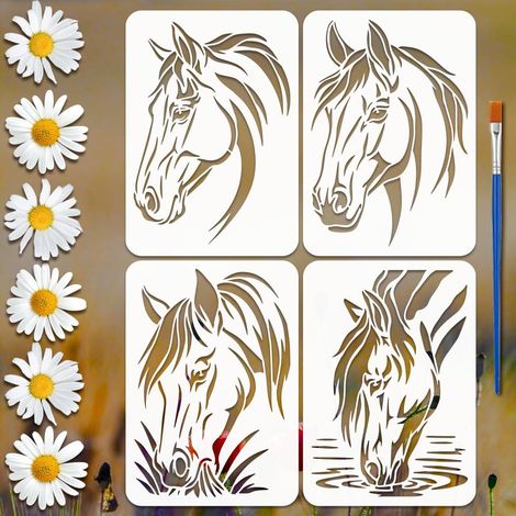 4PCS Pochoirs Tête de Cheval avec 1Pc Pinceau 21x29.7cm Modèle de Pochoir Motifs de Chevaux Pochoirs Tête de Cheval Animal pour Bois Mur Meuble DIY Décoration Maison (1/5)