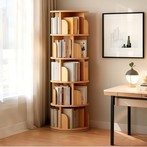 Bibliothèque pivotante 360°, gain de place pour chambre et salon, 59x56x26 cm, MDF bois naturel (1/5)