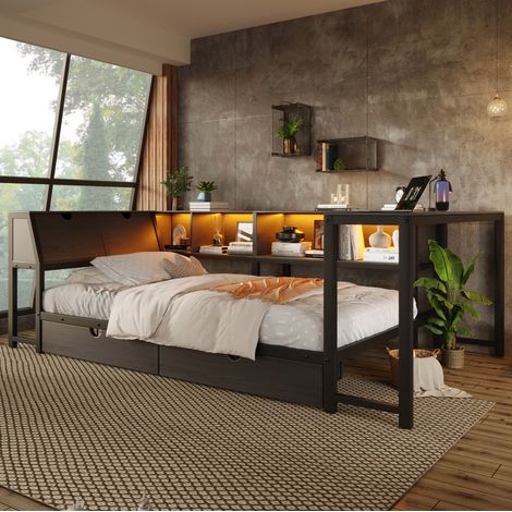 MODFU – Letto per bambini 90x200 cm in MDF e metallo nero con scrivania integrata, LED multicolore, vani contenitore e 2 cassetti sotto il letto, ideale per camera bambini o studenti – Nero (1/5)