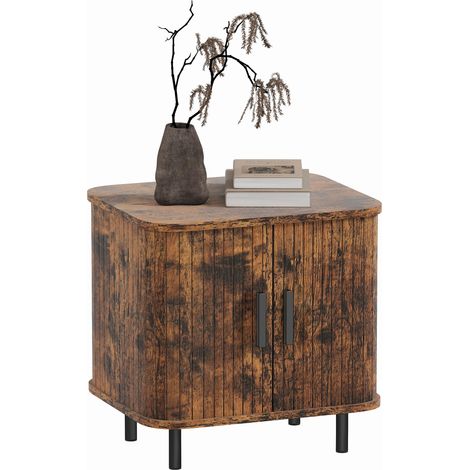 Bedside Table, Nordic Side Table with Roller Shutter Style Sliding Doors and Metal Legs for Bedroom, Living Room, Rustic Brown