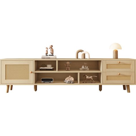 Meuble TV premium 160 cm finition bois avec portes en rotin, pour téléviseurs jusqu’à 70 pouces, gestion des câbles, 2 tiroirs et 1 porte, lowboard pour salon