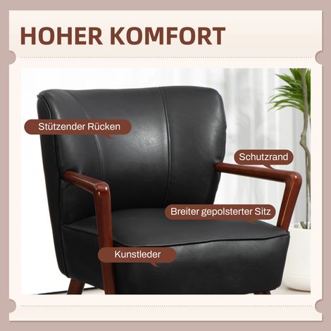 Fauteuil d'appoint large assise en similicuir, structure bois, capacité 120 kg, dimensions 67x77x80 cm, noir (1/4)