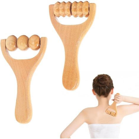 Rodillo de masaje de madera - Juego de 2 - Masajeador - Relajante - Adecuado para espalda, cuello, hombros, estómago, cintura, brazos y piernas. (1/3)